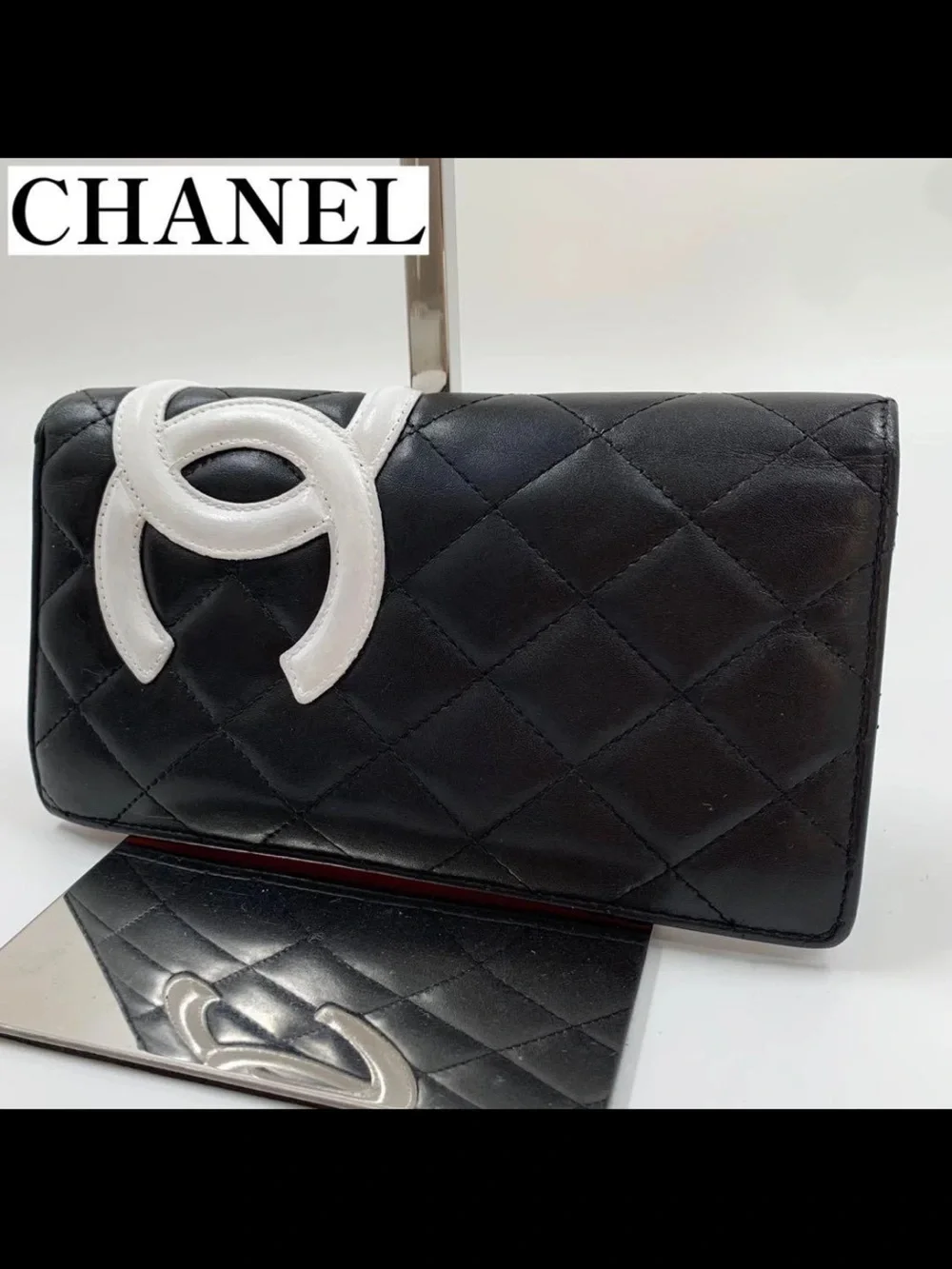 CHANEL Black Quilted Leather Wallet with White CC Emblem